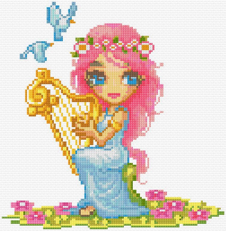 Girl Playing Harp free cross-stitch pattern