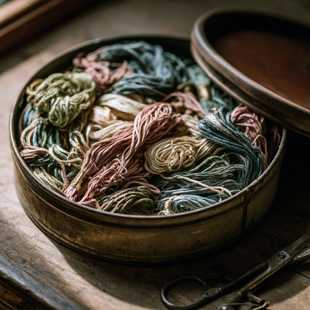 An old round tin box full of unlabeled embroidery floss in muted, faded colors, with a pair of vintage sewing scissors resting nearby
